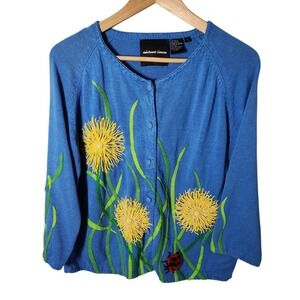 Michael Simon Blue Dandelion‎ Ladybug Embroidered Cardigan Sweater L